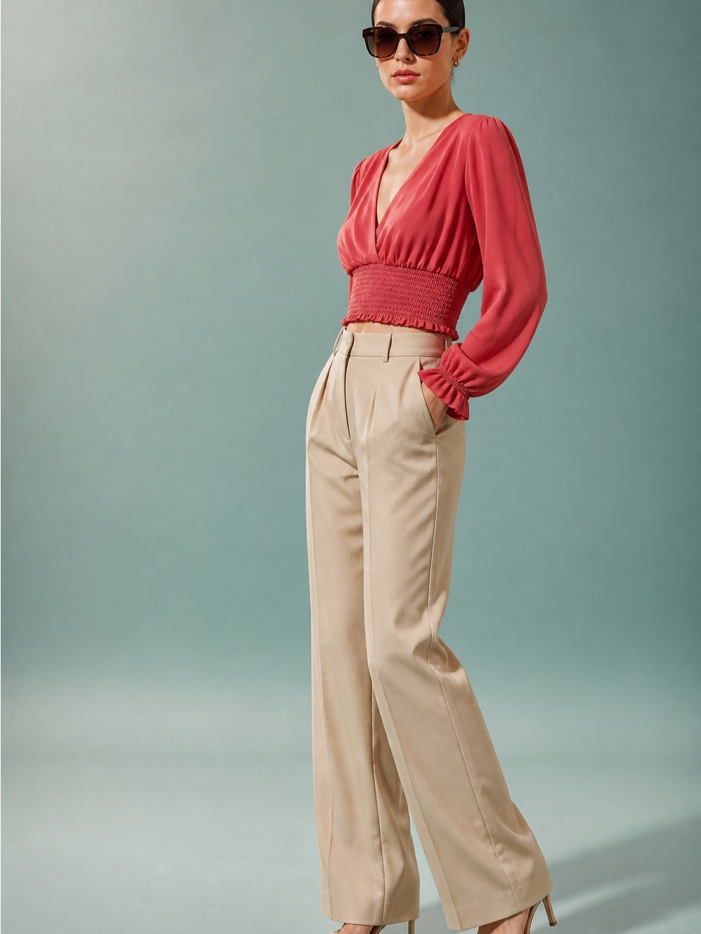 Wilfred Coral-Pink V-Neck Smocked Crop Blouse